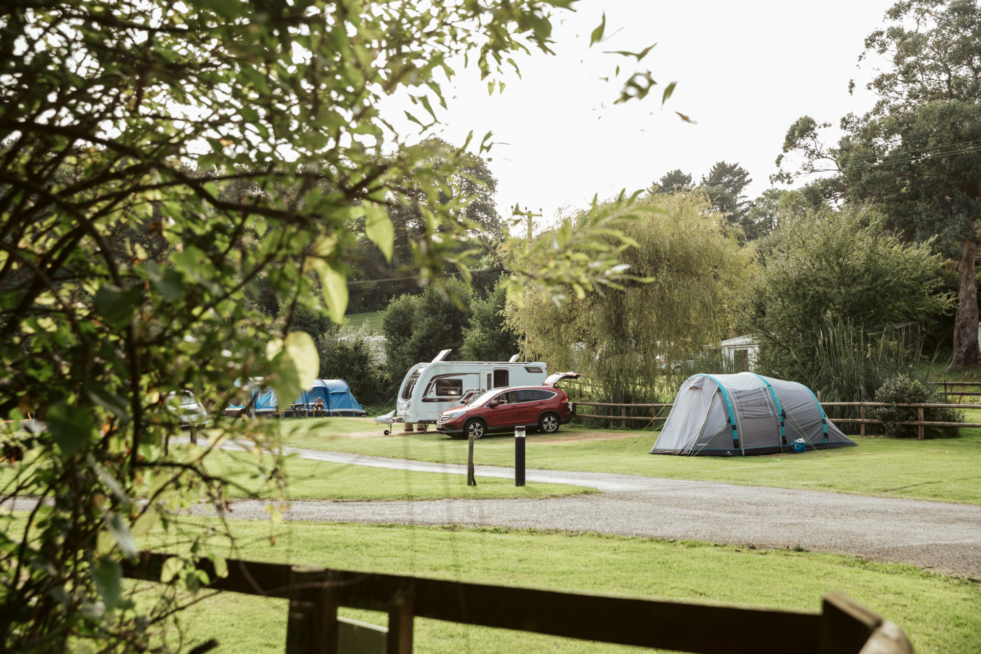 Across the camping field: a caravan with a car alongside and family tents on the grass either side of the tarmac track, with willows and the wooded valley side behind