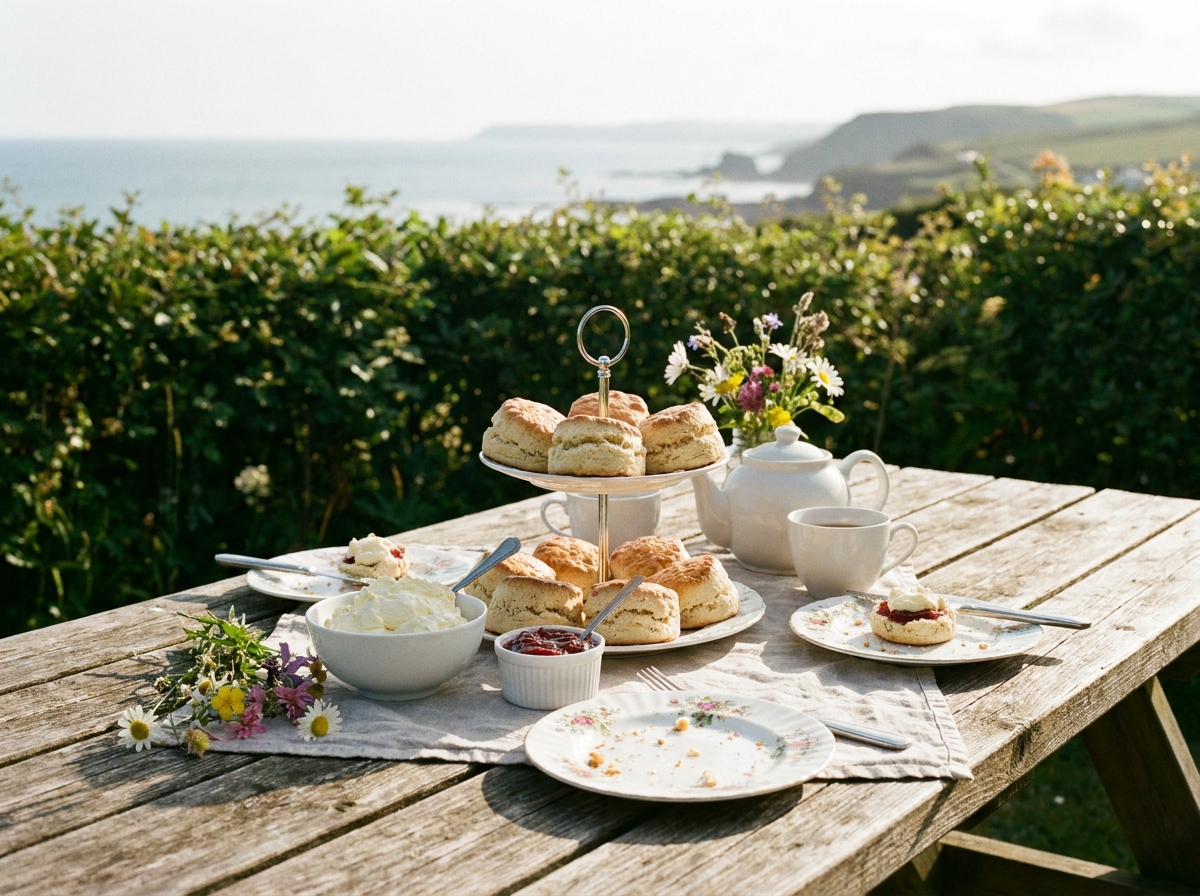 A traditional Cornish cream tea of scones, clotted cream and jam laid out on an outdoor table
