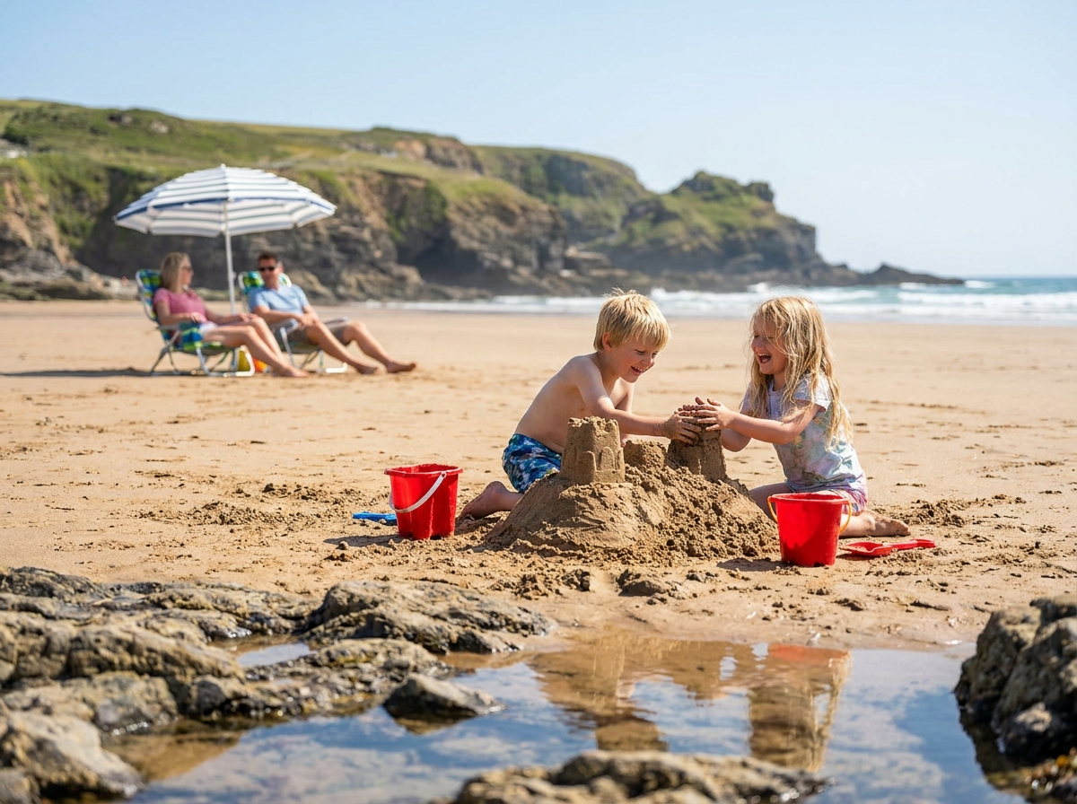 Children building a sandcastle on a North Cornwall beach near Bude