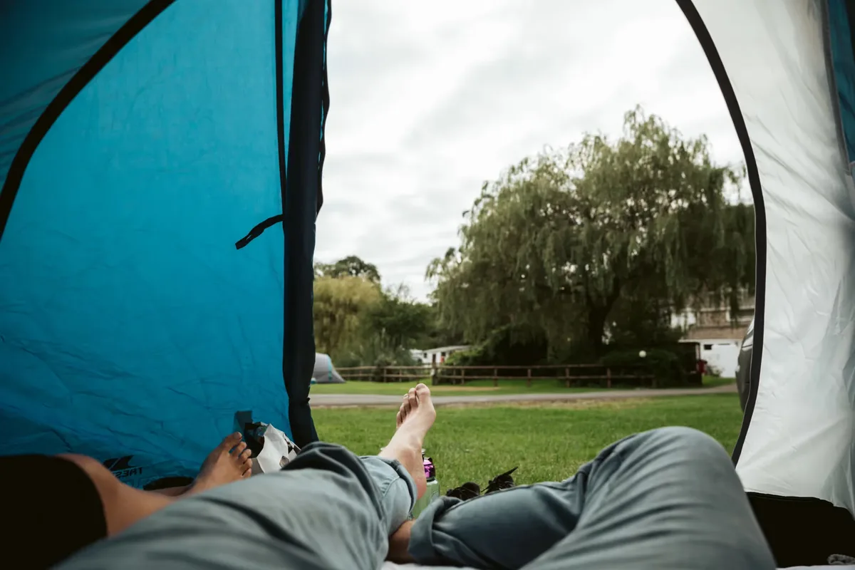 The view out of a tent door on the camping field, across the grass to the willows along the stream